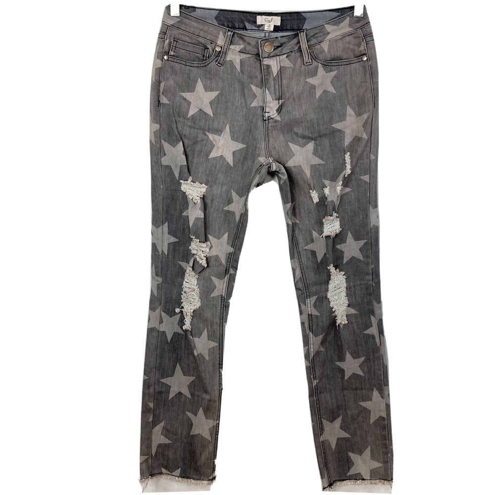 Easel Jeans Womens Sz M Gray‎ Denim Distressed Frayed Hem Ankle Stretch Stars